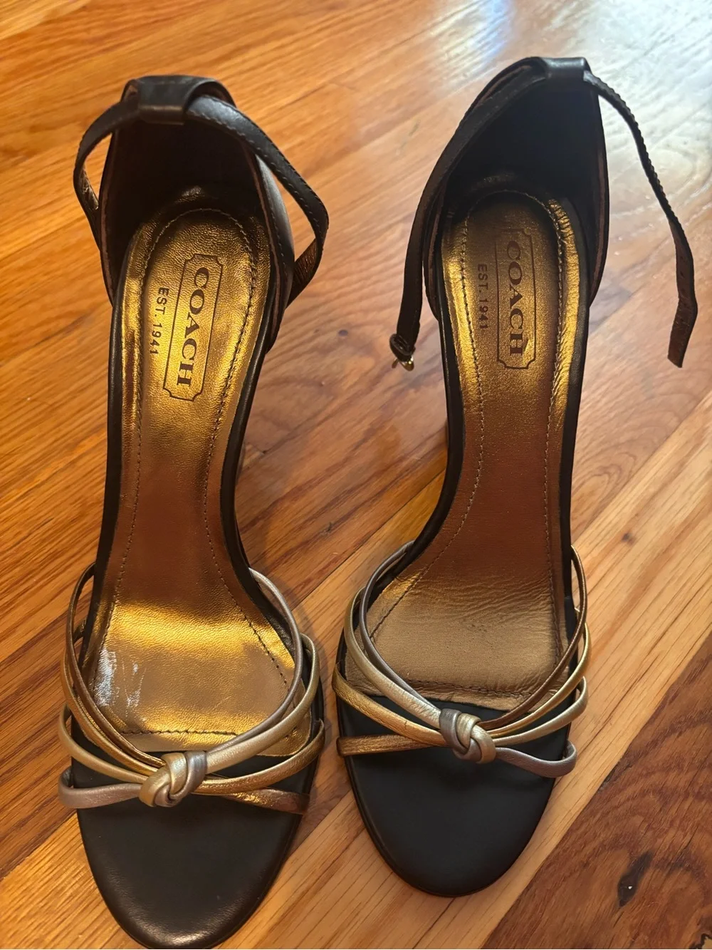 Coach Black Sandals with Metallic Gold Insole and Knotted Straps